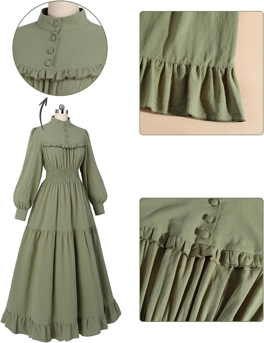CR ROLECOS Mittelalter Kleidung Damen Viktorianisches Kleid Langarm A-Linie Vintage Edwardianisches
