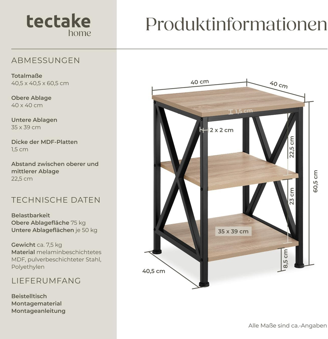 tectake® Industrial Möbel, Beistelltisch Holz und Metall, Schlafzimmer Nachttisch mit 3 Ebenen, Couc