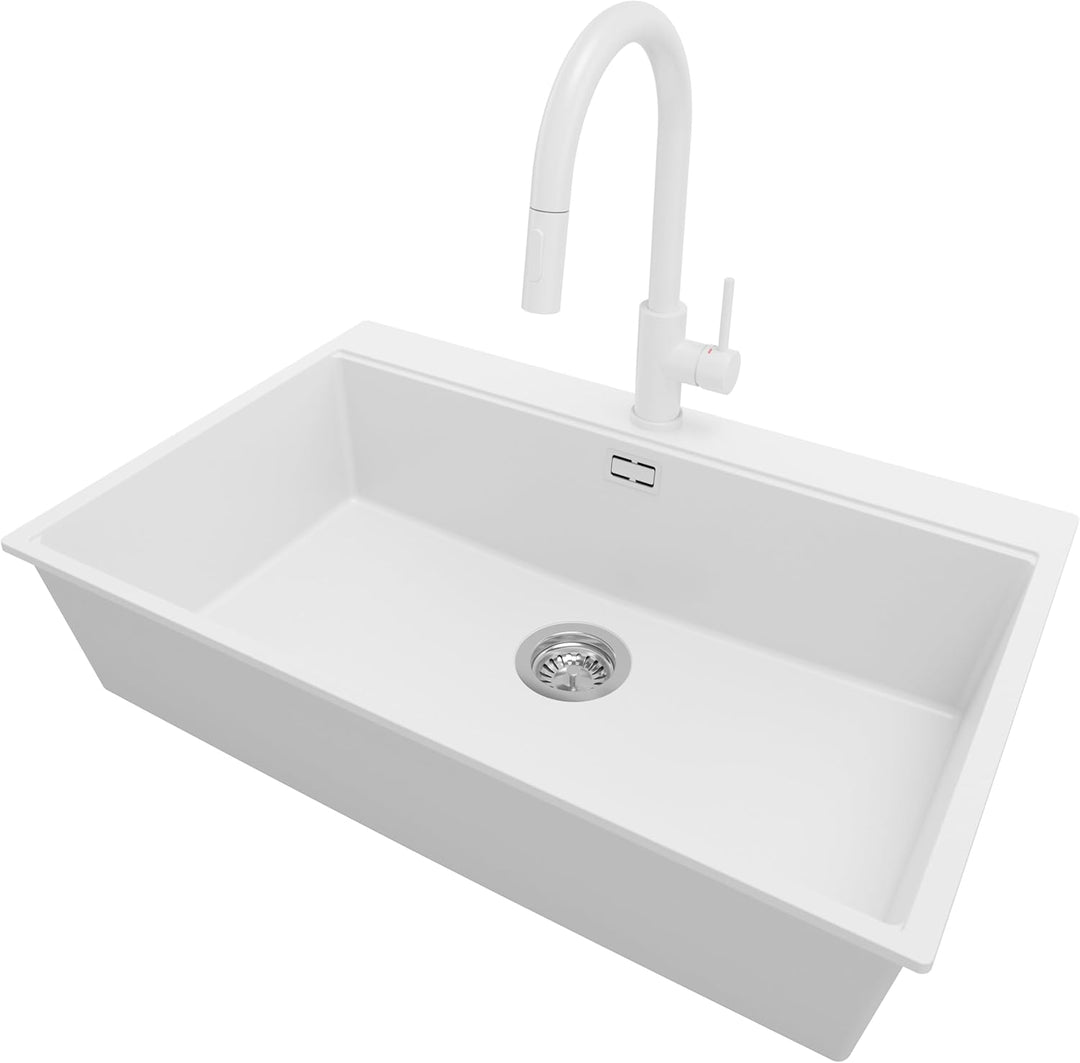 PRIMAGRAN Granitspüle Weiss 78x50cm, Spülbecken 1 Becken + Ablauf-Set + Küchenarmatur 40x22cm, Küche