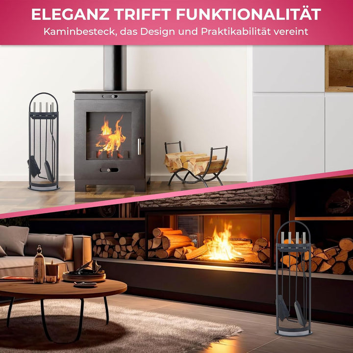 SULENO Kaminbesteck BELFAST 5-teilig Kamingarnitur mit Ascheschaufel Besen Schürhaken, Kaminset & Ha
