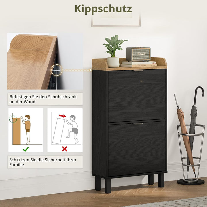 LUE BONA Schuhschrank schmal, Schuhschrank mit 2 Flip-Klappen, Schuhkipper mit Holzfüssen, Schuhrega