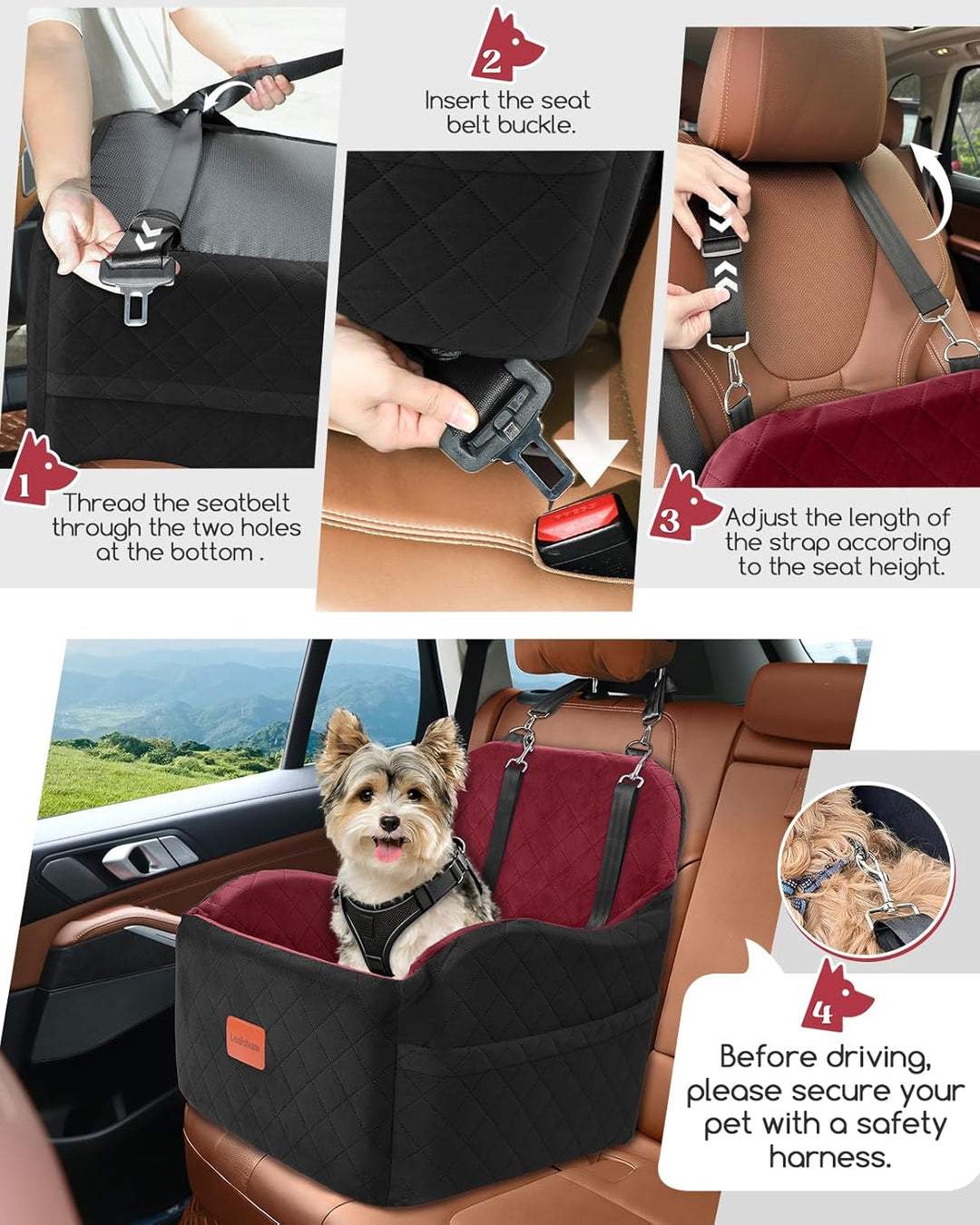 Hunde-Autositz für kleine/mittelgrosse Hunde, tragbarer Welpensitz mit erhöhtem Kissen, vollständig
