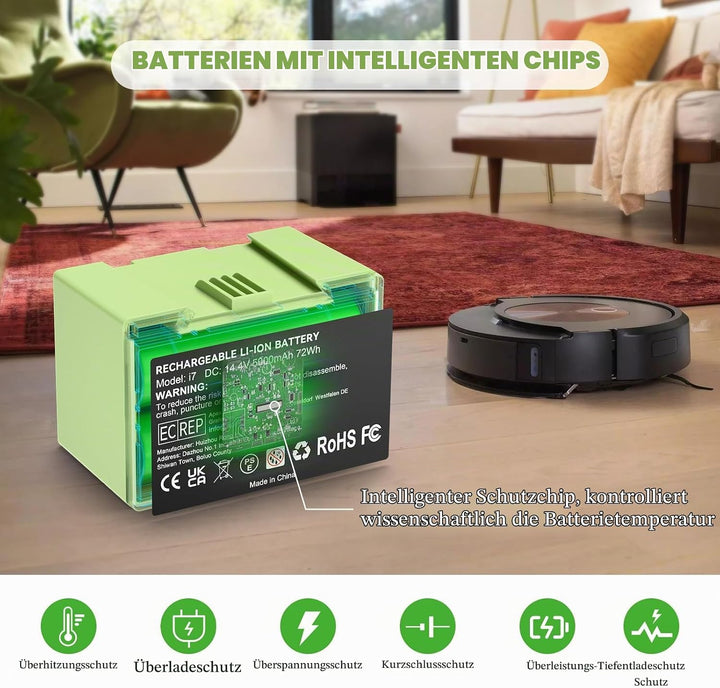 5000mAh (72Wh) 14,4V i7 Ersatzakku für iRobot Roomba i7 i7+ i3 i3+ i4 i4+ e5 e6, Hochkapazität Lithi