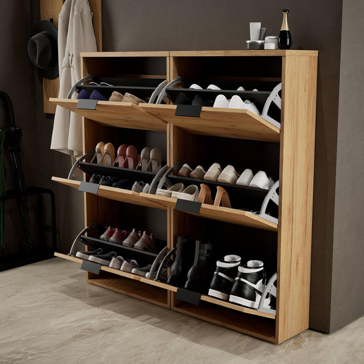 Planetmöbel 2 x Schuhschrank schmal mit 3 Klappen platzsparender Schuhregal mit 6 Ablagen, Schuhkomm