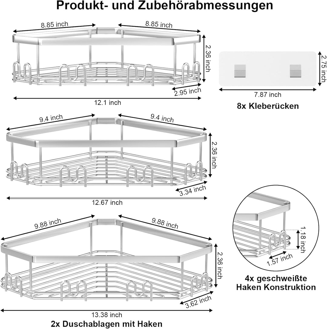 STEUGO Eck-Duschregal, Dusch-Organizer, Eck-Duschregal mit 12 Haken, 3er-Pack selbstklebende Duschre