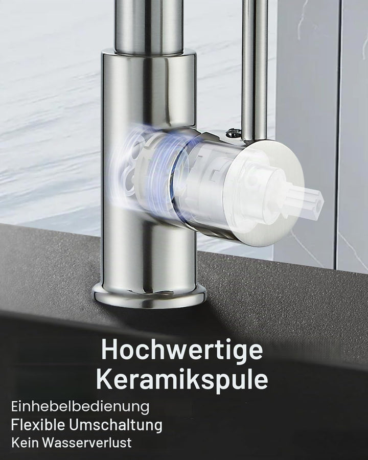 Wasserhahn Küche, Federhahn aus gebürstetem mit Pull Down Sprühkopf,Spültischarmatur 360°Drehung Gee