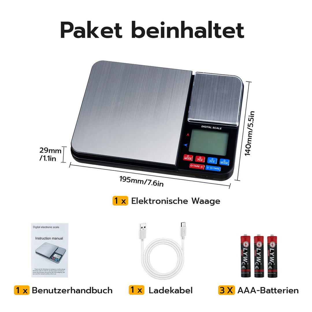 Digitale Küchenwaage mit 2 Plattformen,USB Wiederaufladbar – 10kg/1g & 500g/0,01g Dual Plattform Prä
