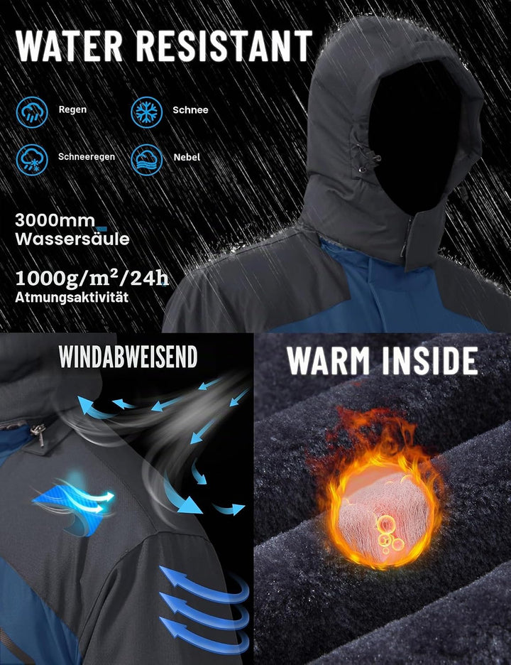 TACVASEN Herren Winter Wasserdichte Winddichte Winterjacke Warme Fleece-Futter Ski Regenmantel mit K