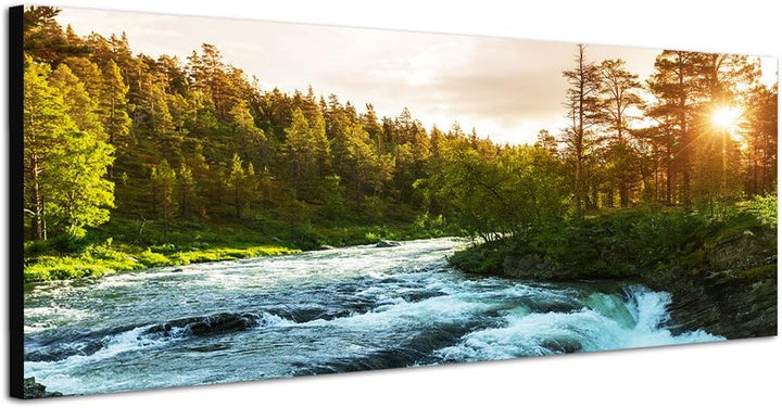 Paul Sinus Art Panoramabild auf Leinwand und Keilrahmen 150x50cm Norwegen Wald Bäume Fluss Sonnenstr