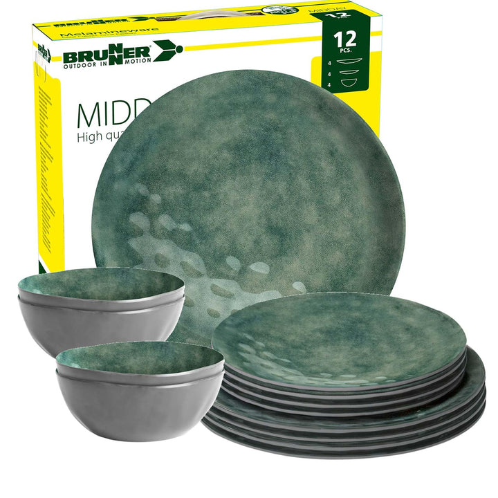 BRUNNER Campinggeschirr Melamin 2-4 Personen (Set: 8, 12, 16 oder 36 Teilig) - Venetian SEA Green -