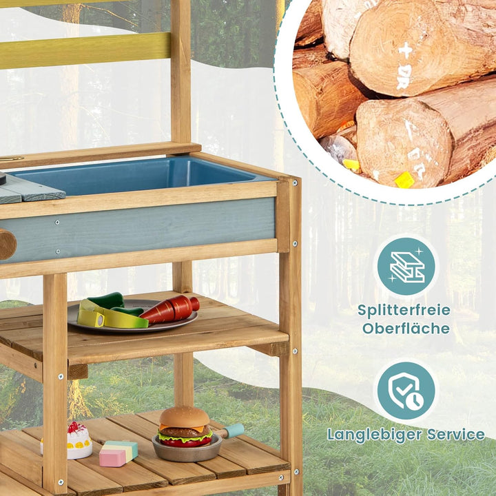 COSTWAY Matschküche Kinder Outdoor, Kinderküche Holz mit Spüle, Spielküche mit Haken & abnehmbarem R
