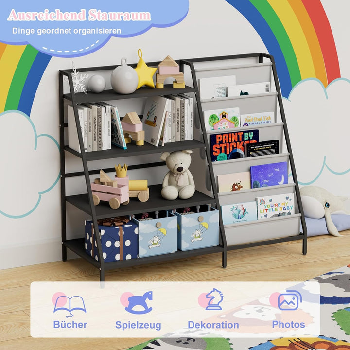 Bücherregal Kinder Metall mit 5 Fächern und 3 Abalege, Kinderregal Montessori Spielzeug-Organizer fü