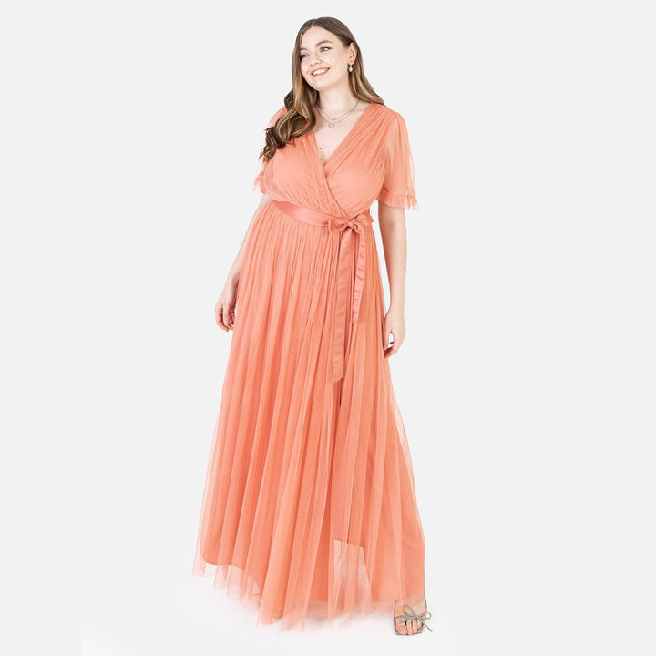 Maya Deluxe Damen Ladies Maxi Dress Women V Neckline Short Sleeve Frilly Long Empire Waist for Weddi