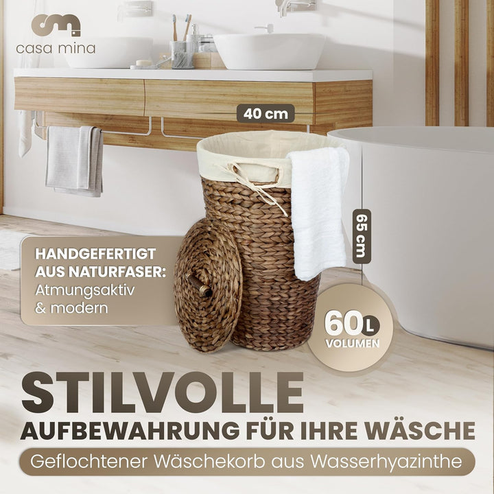 Casa Mina® Wäschekorb mit Deckel D40 x H65cm hoch| Atmungsaktiver Wäschekorb geflochten aus 100% Nat