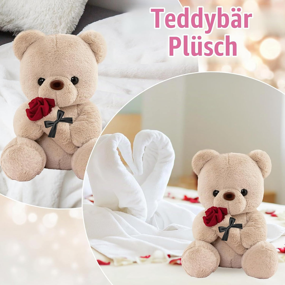 Teddybär mit Rose, Geburtstagsgeschenk für Frauen 35cm Kuscheltier | Süsse Kuscheltier Teddy Rosen T