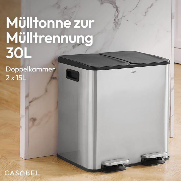 CASABEL Mülleimer Küche mit 2 Fächern, 2x15L, Tretmülleimer aus 100% Edelstahl, fingerabdruckresiste