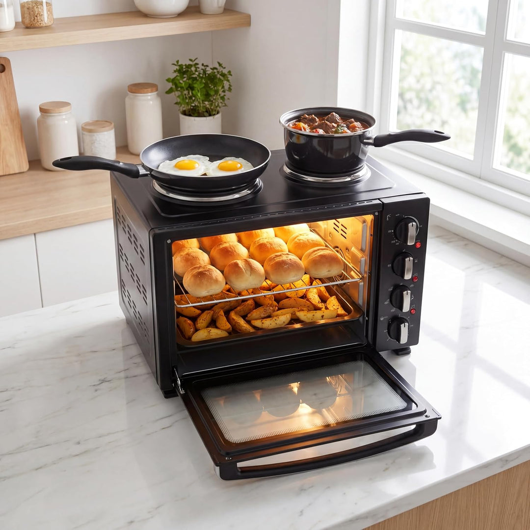 Tristar Heissluftofen mit 2 Kochplatten, 35 L Kapazität, 3200 W, Stahlgehäuse, kompakte Miniküche fü