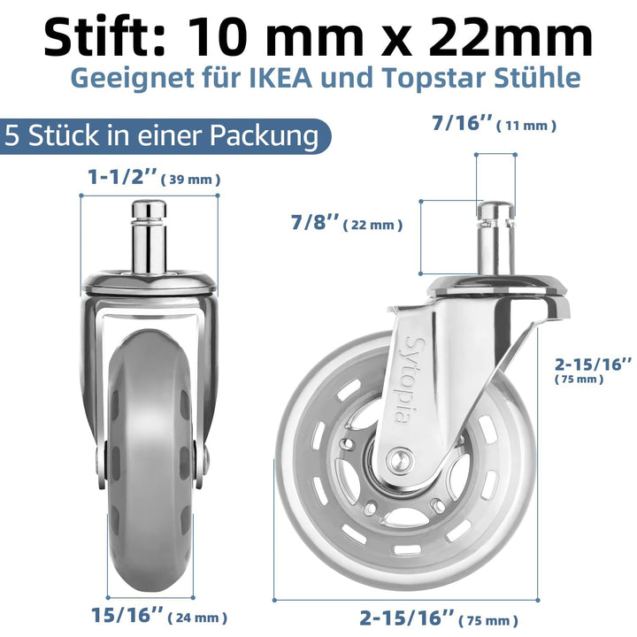 Sytopia Bürostuhl Rollen mit 10mm X 22mm Stift, 5er Set Grosse Rollen für Parkettböden und Teppich,