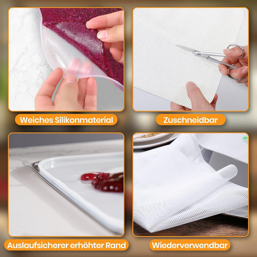 4er Silikon-Dörrfolie mit Rand, 4er Mesh Dörrfolie Silikon, Antihaftbeschichtete Dörrautomat Zubehör