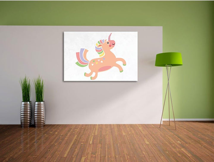 Flauschiges Einhorn weiss, Format: 100x70 auf Leinwand, XXL riesige Bilder fertig gerahmt mit Keilra