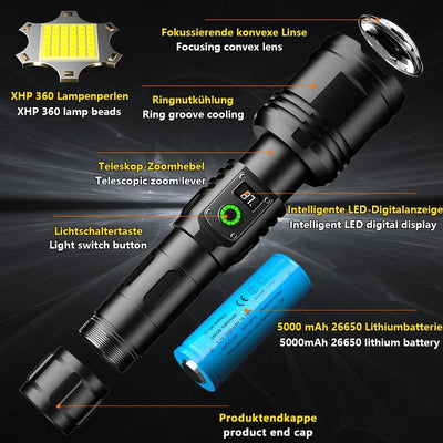 ASORT LED Taschenlampe Extrem Hell 40000 Lumen, Type-C Aufladbar, IPX67 Wasserdicht, Der LCD-Bildsch