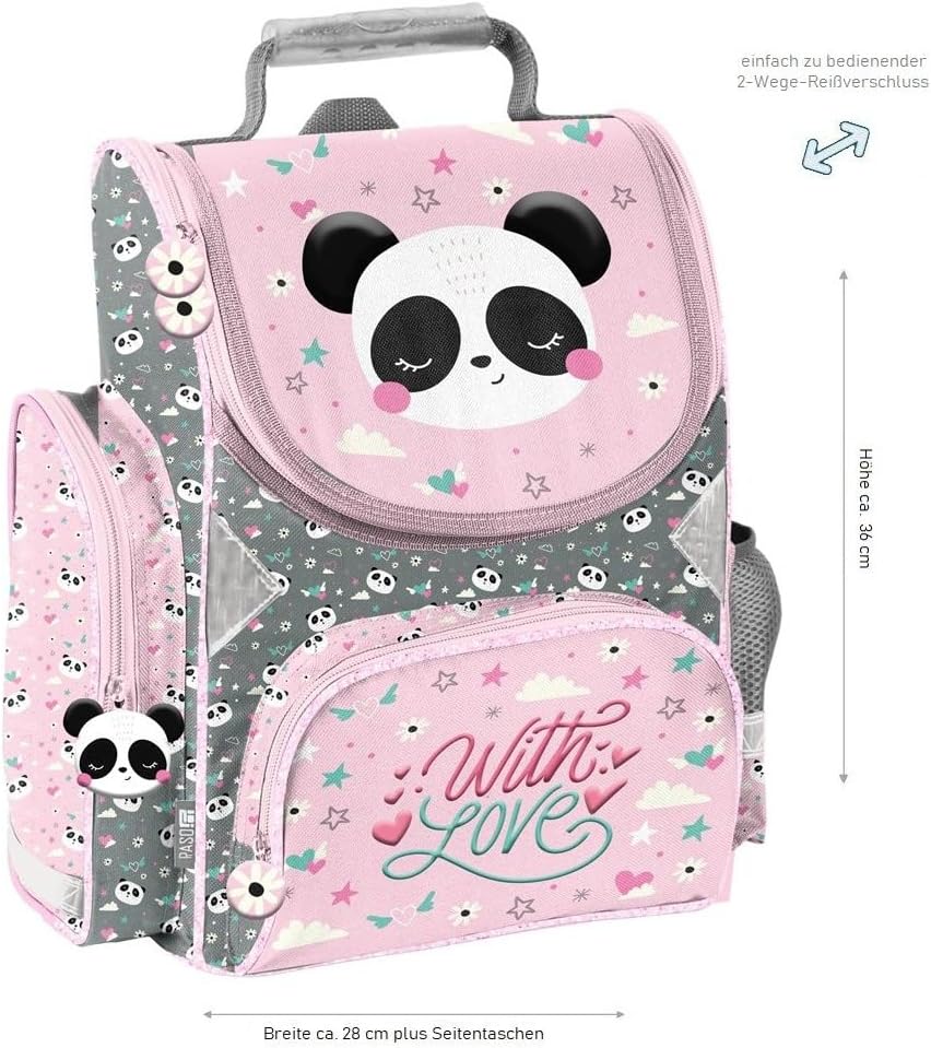Familando - Schulranzen Set - 8-teilig mit Federmappe - Panda Bär - Ergonomisch, stabil & mit gepols