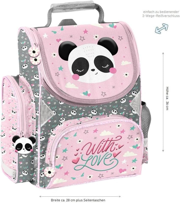 Familando - Schulranzen Set - 8-teilig mit Federmappe - Panda Bär - Ergonomisch, stabil & mit gepols
