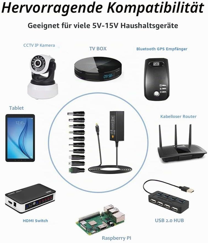 Zolt 45W Universal Netzteil AC zu DC 5V 6V 7.5V 9V 12V 13.5V 15V 3A Schaltnetzteil mit 10 DC-Stecker