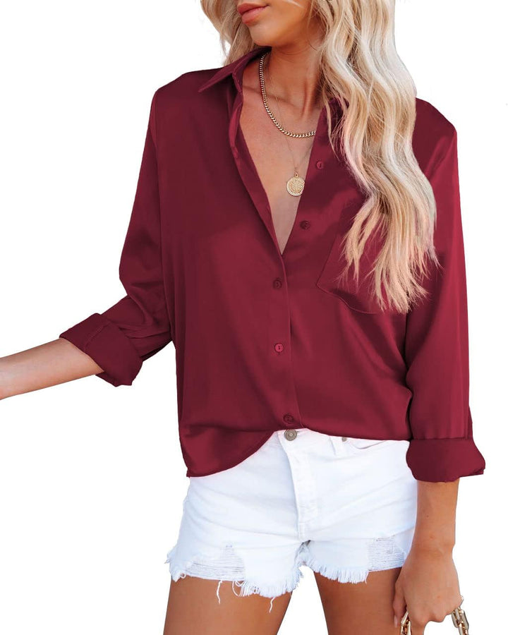 Damen Bluse Elegant V-Ausschnitt Satin Langarm Casual Oberteile Locker Hemd Einfarbig Lose Langarmsh