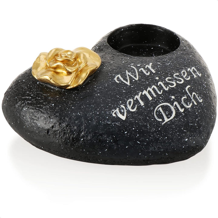 com-four® Grab-Dekoration in Herz-Form mit goldfarbener Rose - Gedenkstein mit Halter für Grabkerze