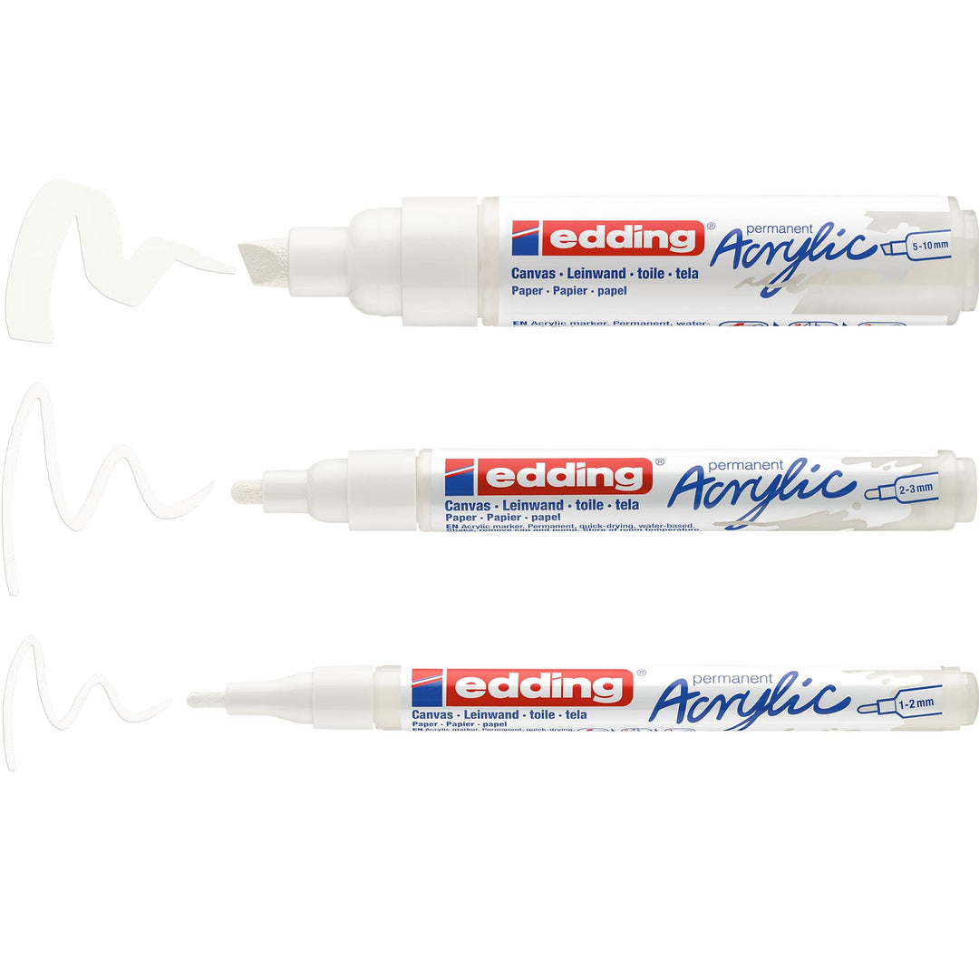 edding Acrylfarben-Set Allround Weiss - Weiss - 3 wasserdichte Acrylstifte – feine, mittlere und dic