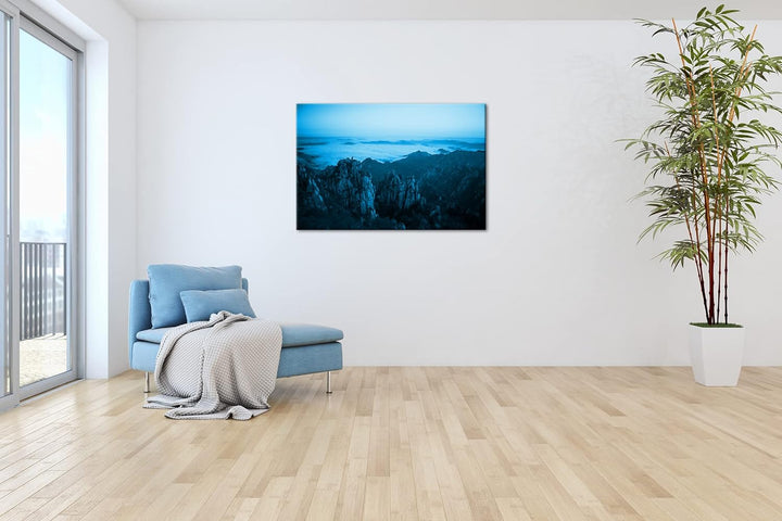 die Gelben Berge in China Format 80x60 Effekt: Monocrome Blau als Leinwandbild, Motiv fertig gerahmt