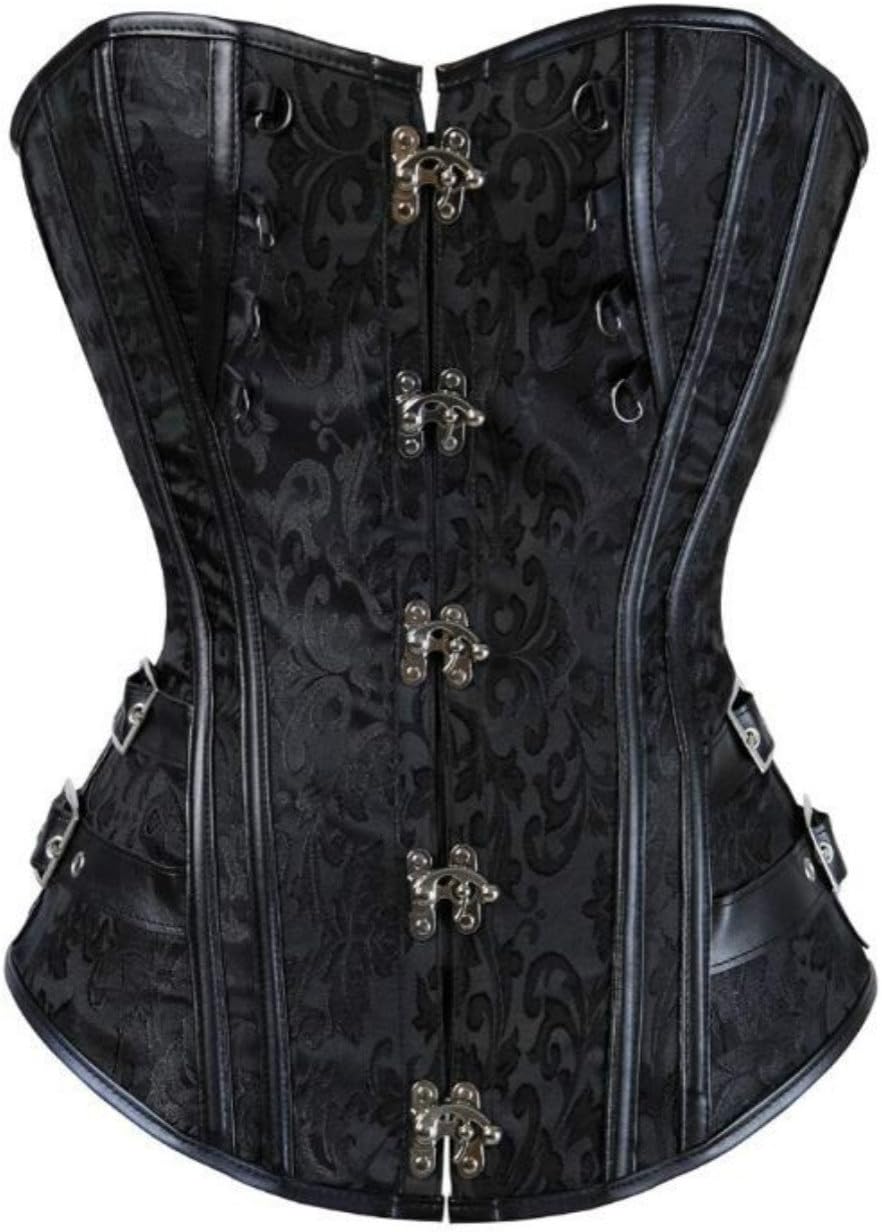 Damen Vollbrust Faux Leder Steampunk Corsage Korsett Übergrössen S-6XL, Schwarz-2