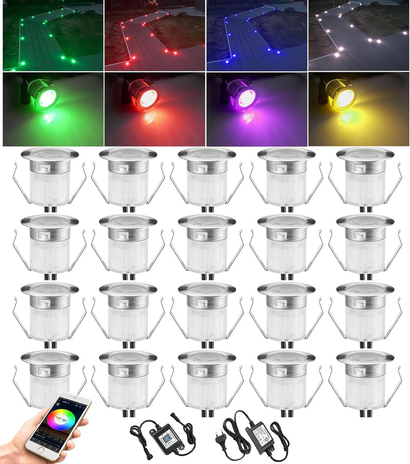 20er Bluetooth RGB Led Bodeneinbauleuchten Aussen, Ø30mm Dimmbar 12V 0.5W IP67 Wasserdicht Bodeneinb