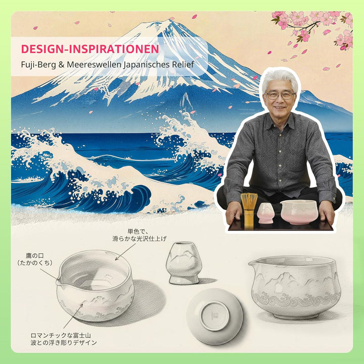 TEANAGOO Matcha Schale mit Ausgiesser,2-Pcs Fuji Design Keramik Schale und Schneebesen Halter(chawan