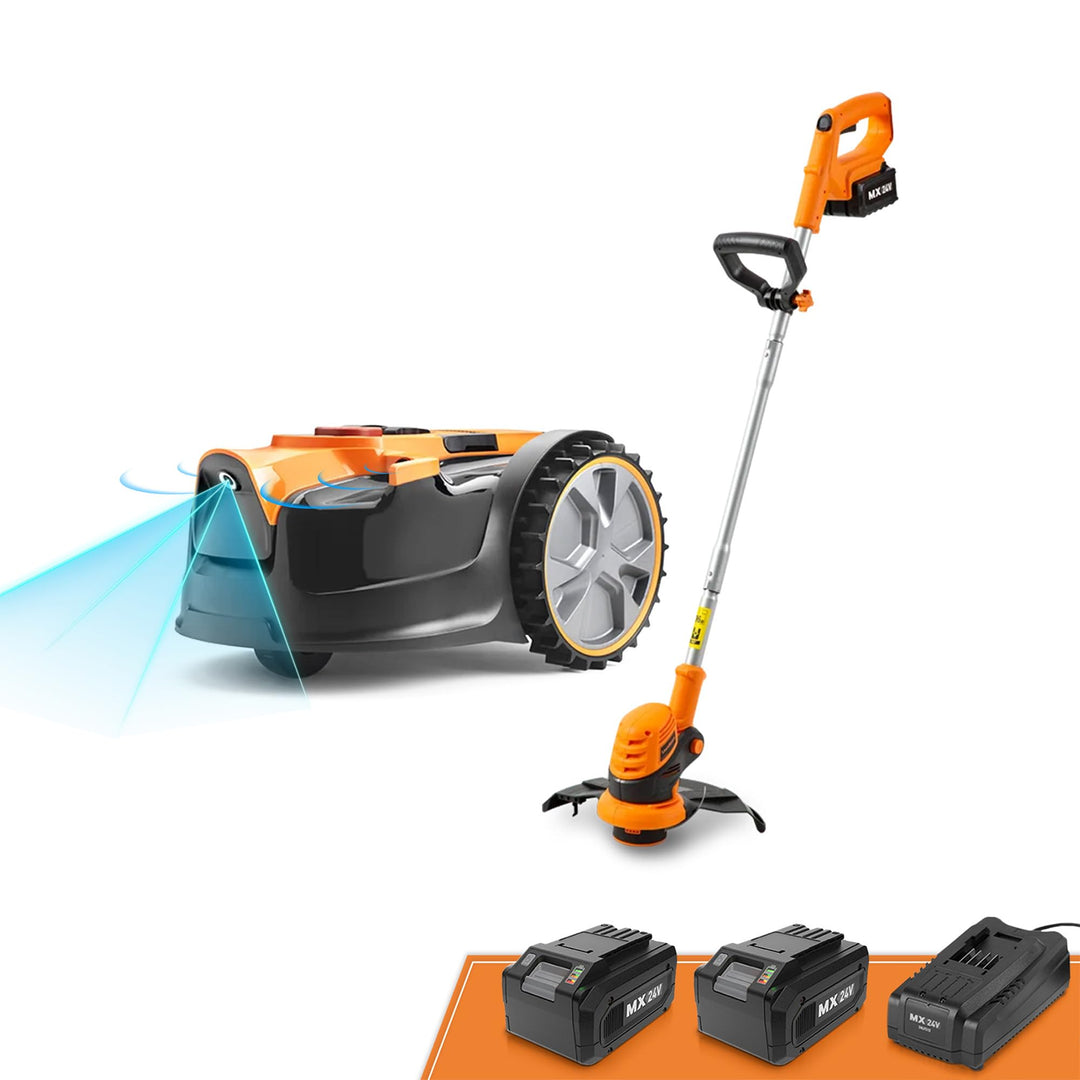LawnMaster OcuMow™ Roboter-Rasenmäher mit kabellosem 24V MAX 10-Zoll-Gras-Trimmer-Kombi-Set, optisch