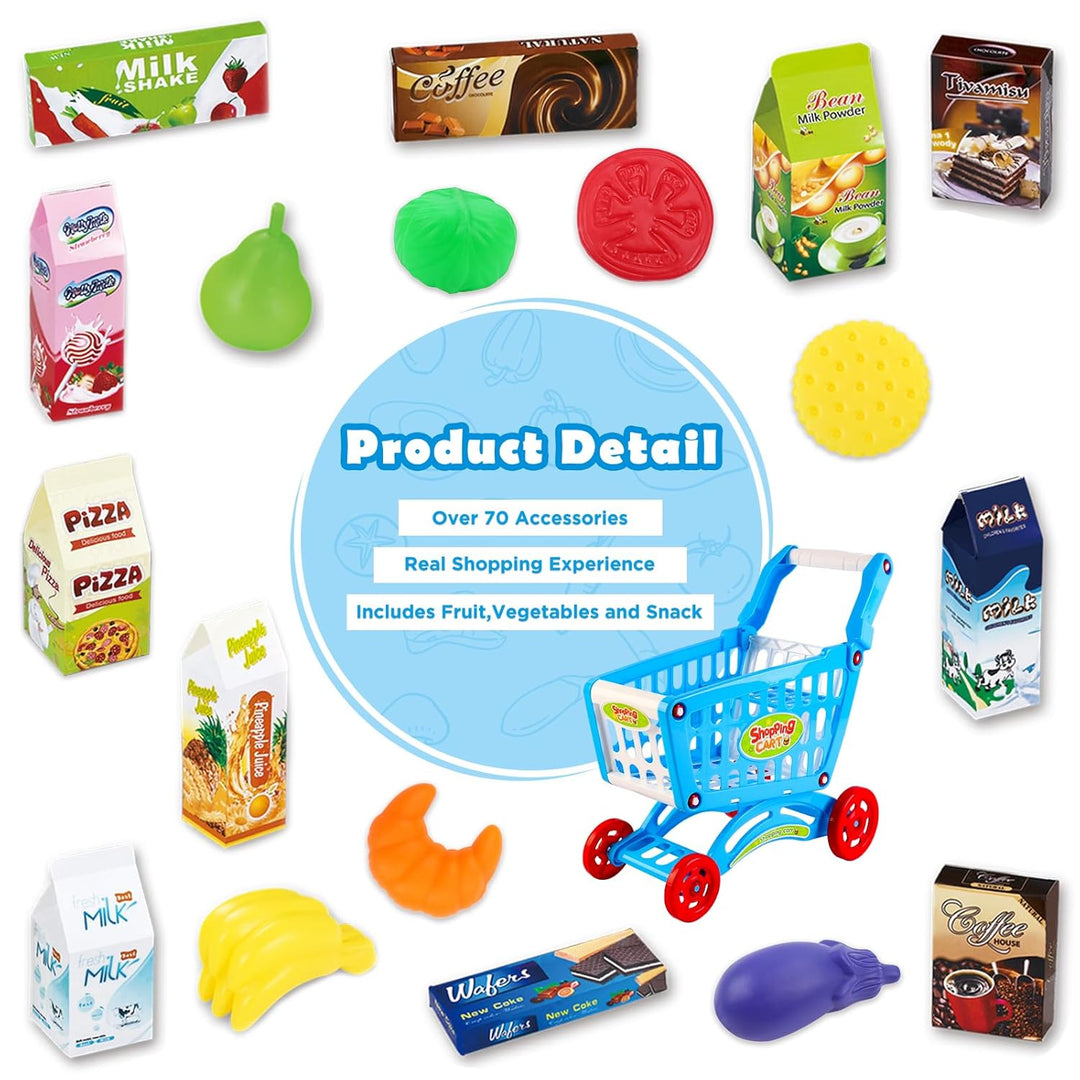 deAO Kinder Einkaufswagen Spielset Gefüllt mit 65 Kuststofflebensmitteln Spielzeug für Jungen und Mä