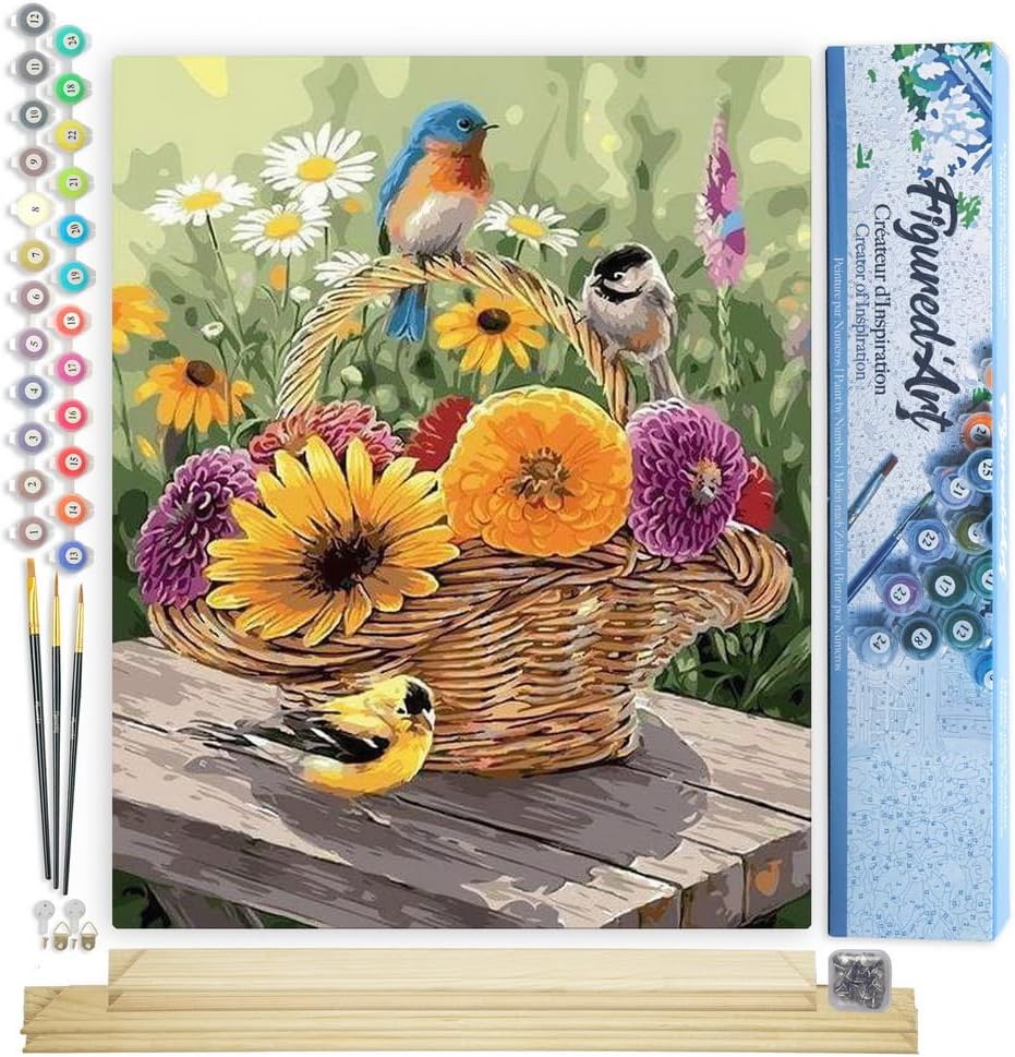 Figured'Art Malen Nach Zahlen Erwachsene Mit Rahmen Blumen im Korb und Vögeln - Paint by Numbers Bas