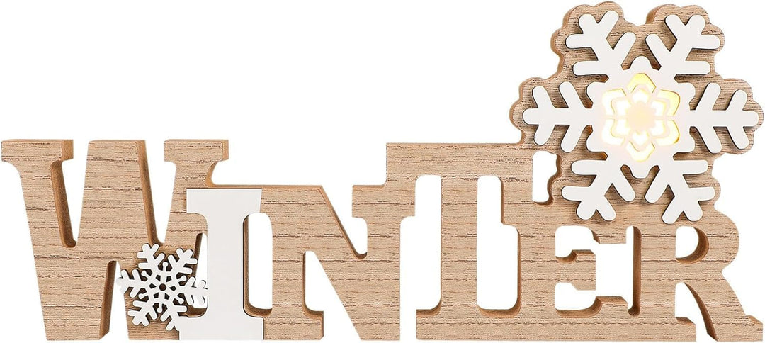 Garneck Holz-Tischdekoration, Winter-Holzschild, LED-Schneeflocke, Mittelstück, freistehend, Holzsch