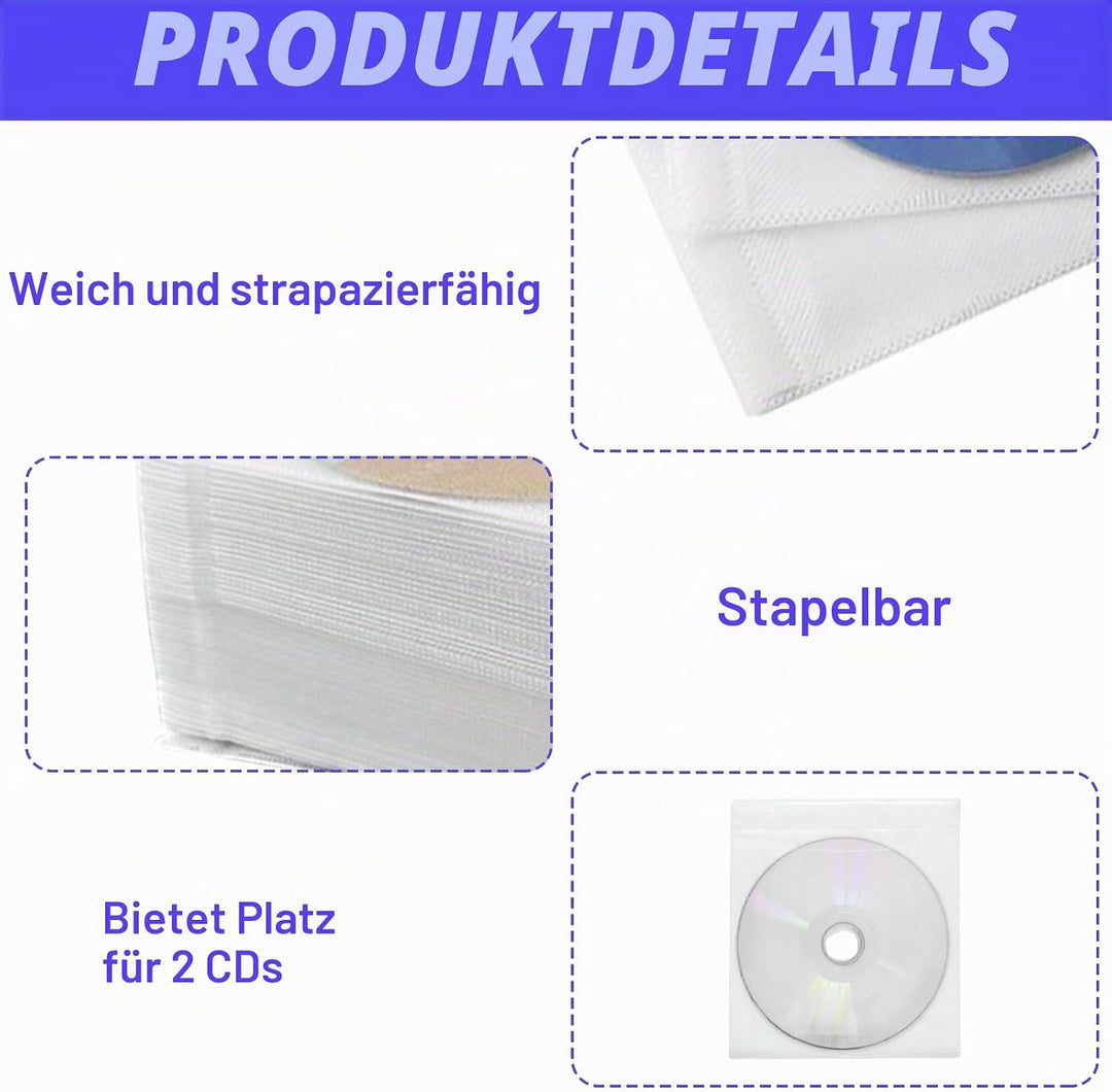 CD/DVD/BluRay Hüllen, 200 Stück CD-DVD-Schutzhüllen, Doppelseitige Standard-Kunststoffhülle für CD,