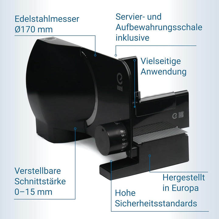 EUREL RS72 Allesschneider Elektrisch Schwarz – Brotschneidemaschine, 170 mm Edelstahlklinge, 0–15 mm