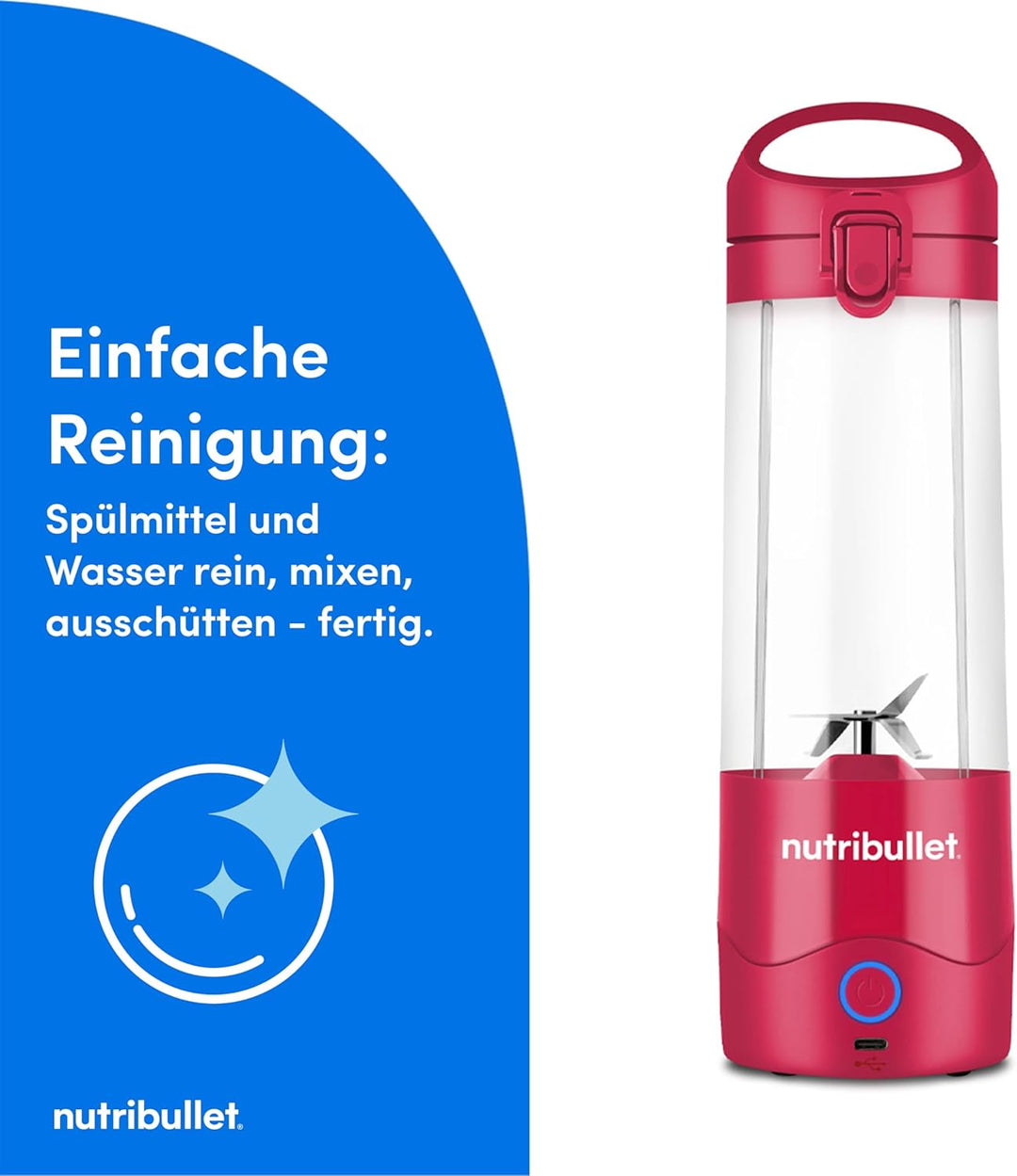 nutribullet Portable Mixer, 475ml BPA-freies Tritan Becher, Mini-Mixer mit 4-Punkt-Edelstahlklinge,
