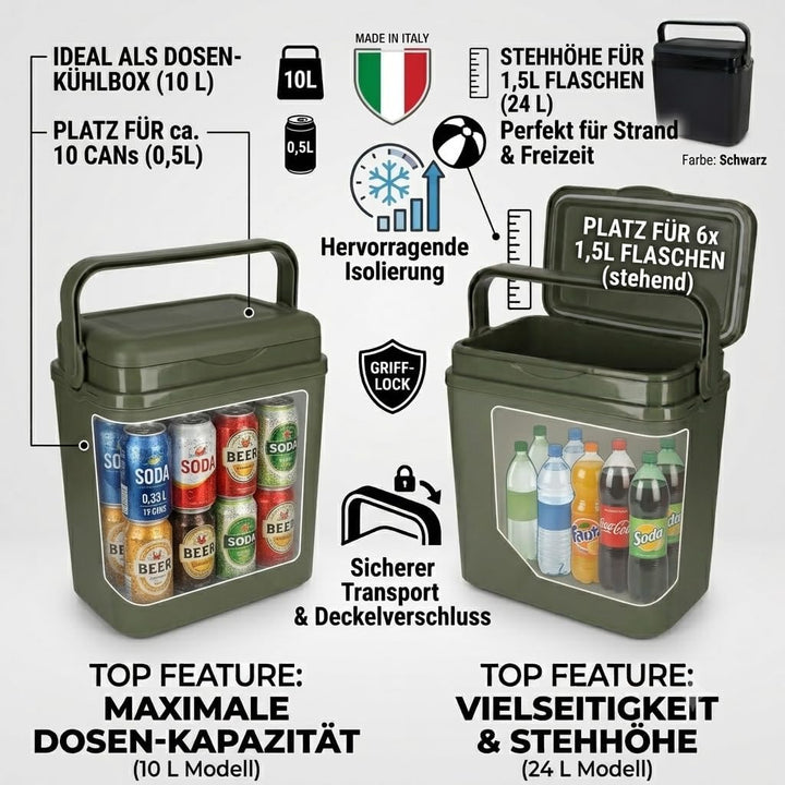 Hochwertige Isolier-Kühlbox – Made in Italy – Robuste Passiv-Kühlbox für Freizeit, Strand &amp; Camping