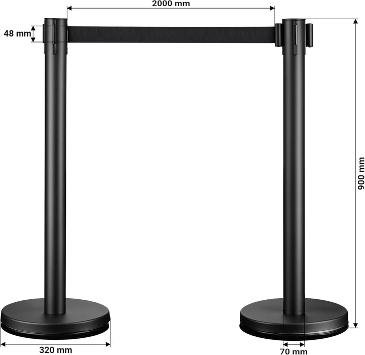 Wiltec mobile Absperrpfosten 32 x 7 x 90 cm in Schwarz mit 200 cm Zugband, Absperrständer aus rostfr