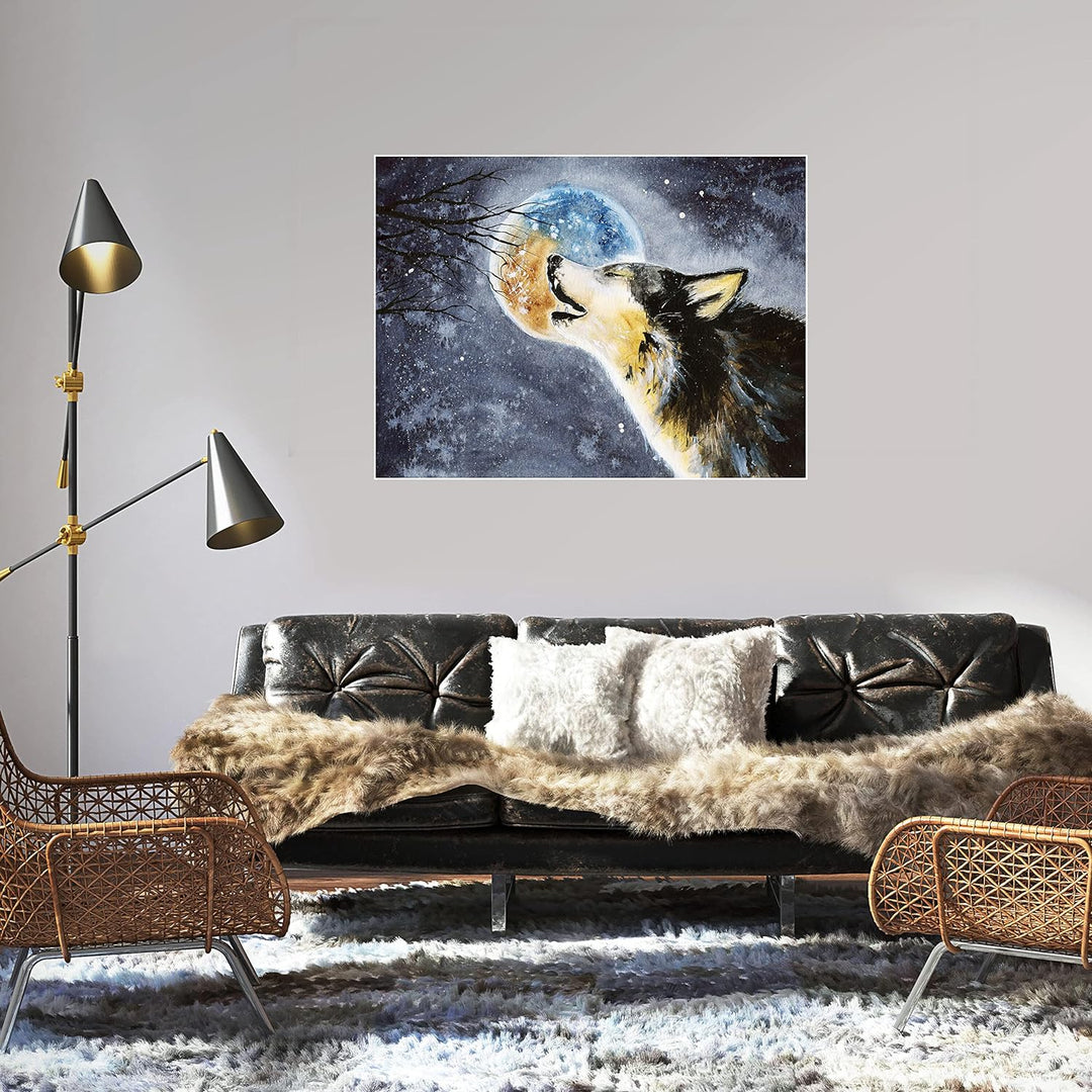 wandmotiv24 Poster als Wanddeko, Grösse 80x60cm, Heulender Wolf, Gemälde, Mond, Mitternacht, Tier, M