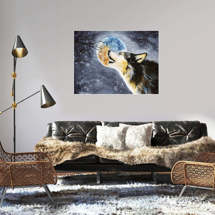 wandmotiv24 Poster als Wanddeko, Grösse 80x60cm, Heulender Wolf, Gemälde, Mond, Mitternacht, Tier, M