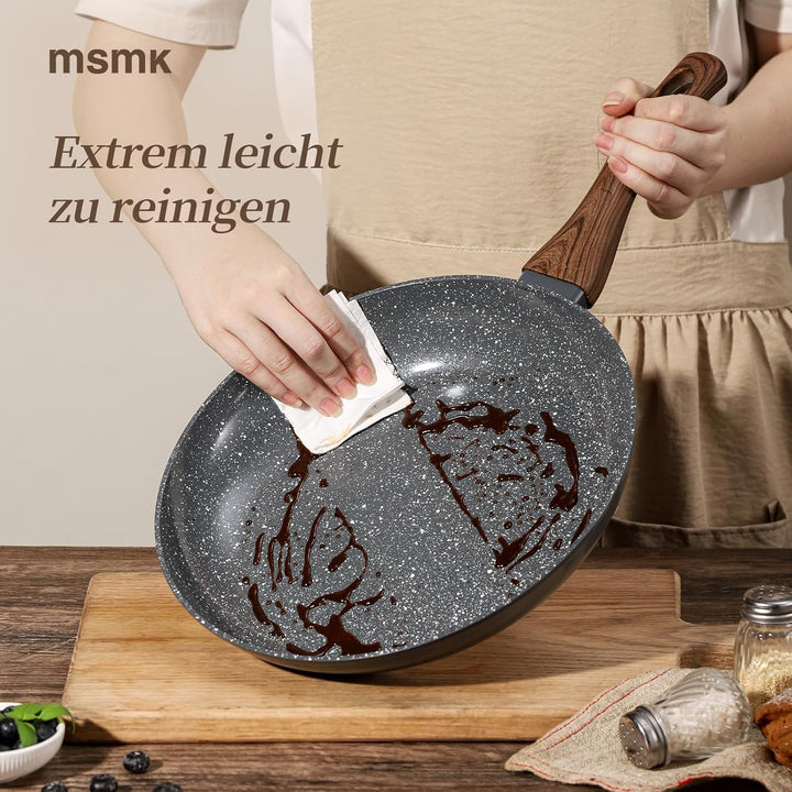 MSMK 28 cm Antihaft-Keramik-Bratpfanne mit Deckel & rotem Schlitzwender, Für Gasherd Induktion, Holz