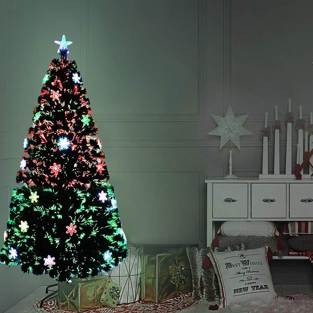 Aufun Weihnachtsbaum Künstlicher 120 cm mit LED Glasfaser und Schneeflocken Weihnachtsdeko Christbau