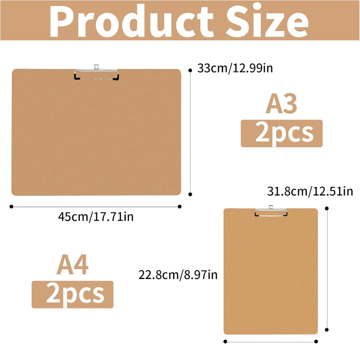 Klemmbrett: 4 Stück A3 A4 Clipboard, mit Gummierter Metalklemme, Zum Schreiben, Malen, Skizzieren Od