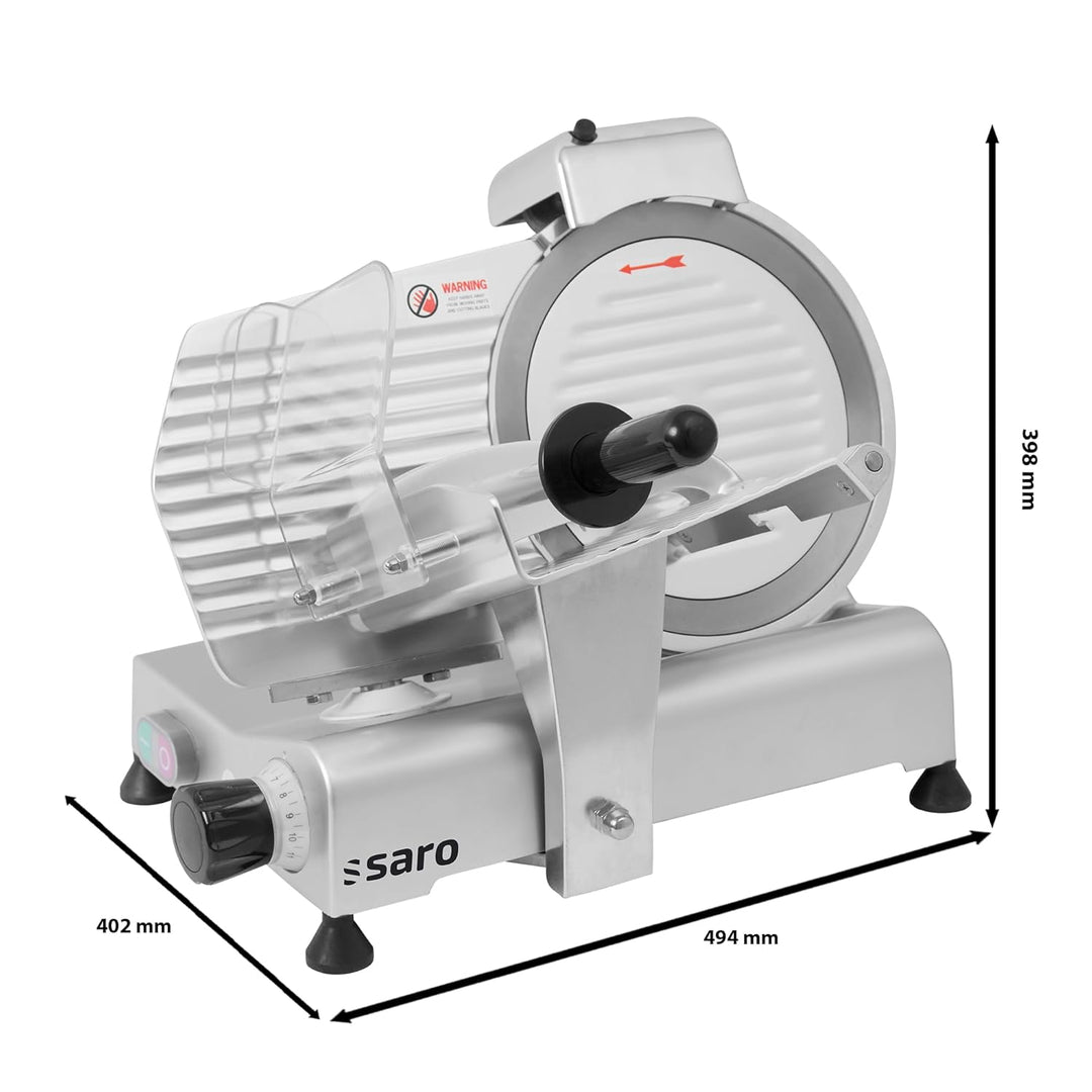 SARO Aufschnittmaschine – Ø 250 mm Klinge – Schnittstärke 0–11 mm – Mit Messerschärfer – Leichtmetal
